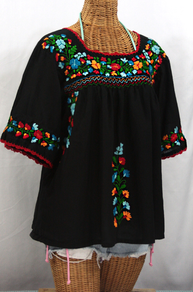 "La Marina" Mexican Peasant Top -Black + Fiesta Embroidery
