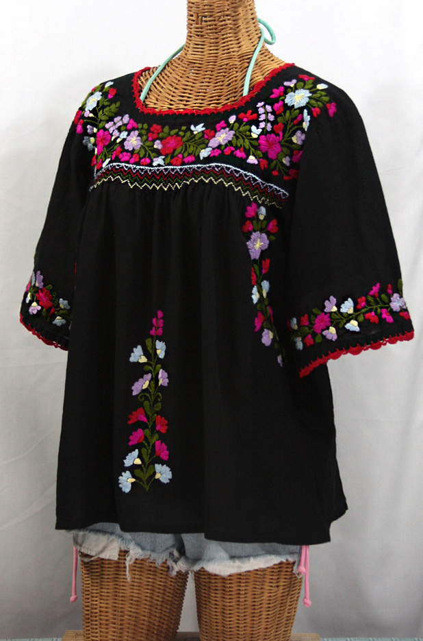 "La Marina" Embroidered Mexican Style Peasant Top -Black + Multi