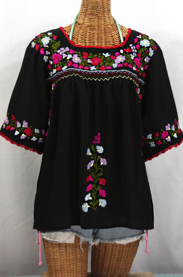 "La Marina" Embroidered Mexican Style Peasant Top -Black + Multi
