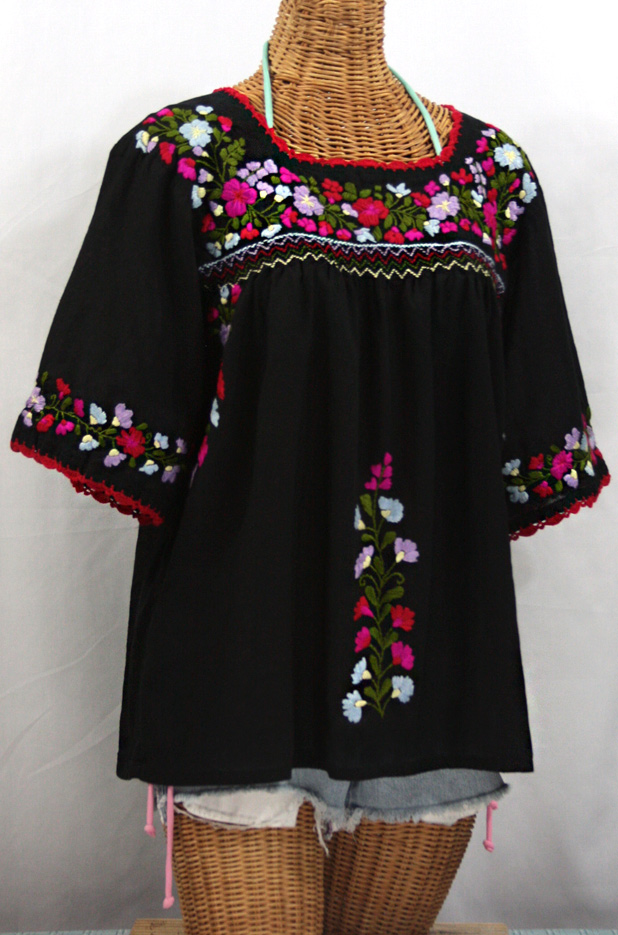 "La Marina" Embroidered Mexican Style Peasant Top -Black + Multi