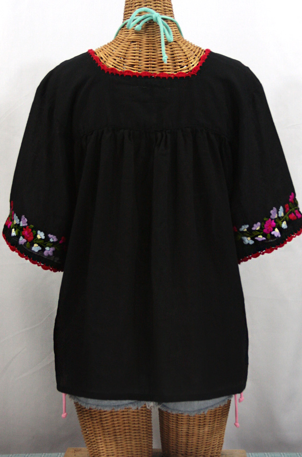 "La Marina" Embroidered Mexican Style Peasant Top -Black + Multi