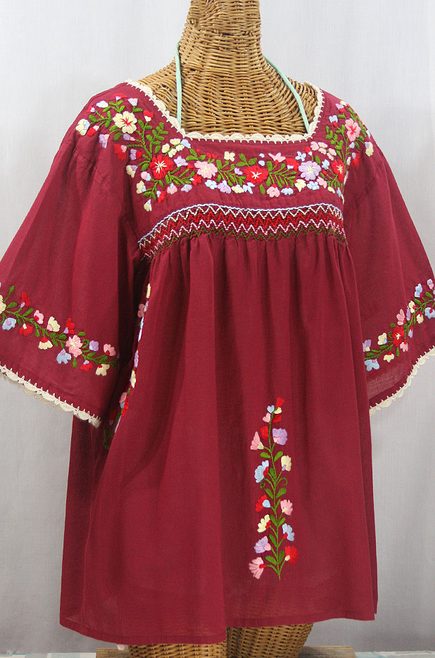 "La Marina" Embroidered Mexican Peasant Blouse -Burgundy + Multi