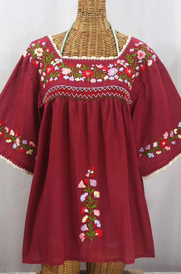 "La Marina" Embroidered Mexican Peasant Blouse -Burgundy + Multi