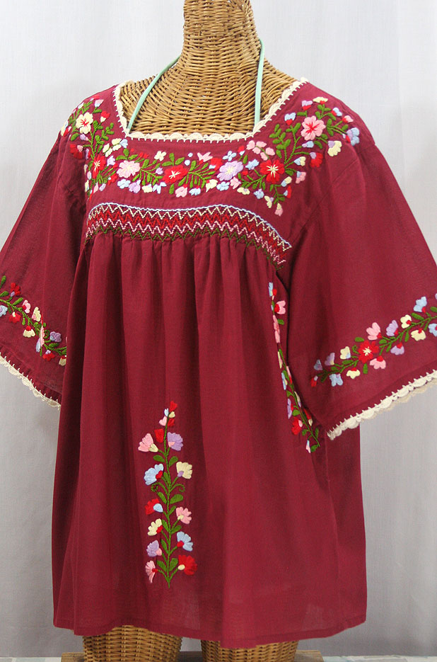 "La Marina" Embroidered Mexican Peasant Blouse -Burgundy + Multi