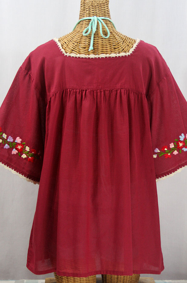 "La Marina" Embroidered Mexican Peasant Blouse -Burgundy + Multi