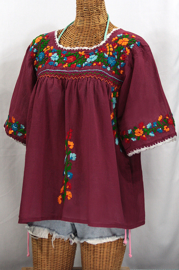 "La Marina" Embroidered Mexican Peasant Blouse -Burgundy + Fiesta