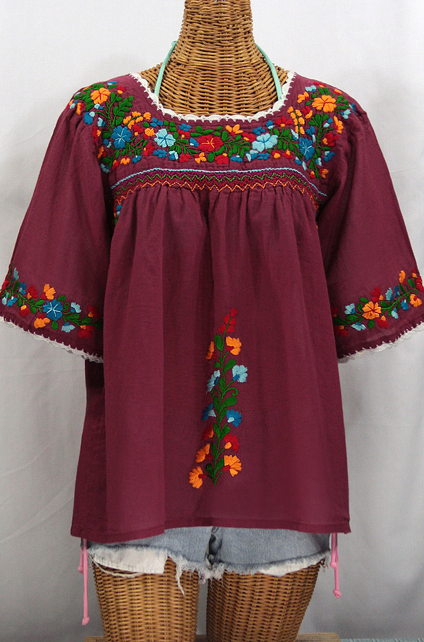 "La Marina" Embroidered Mexican Peasant Blouse -Burgundy + Fiesta