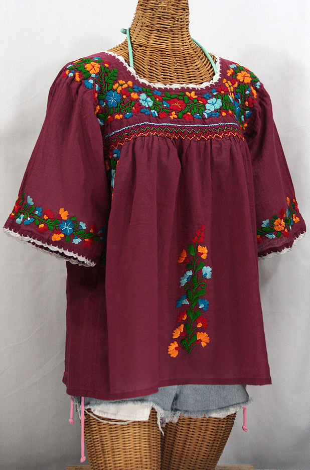 "La Marina" Embroidered Mexican Peasant Blouse -Burgundy + Fiesta