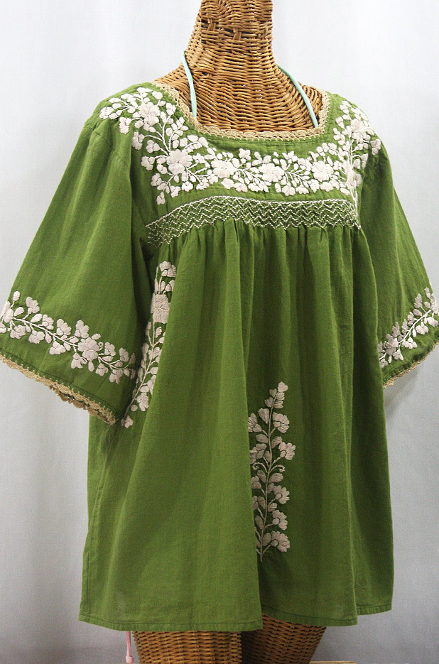 "La Marina" Embroidered Mexican Style Peasant Top - Fern Green + Cream