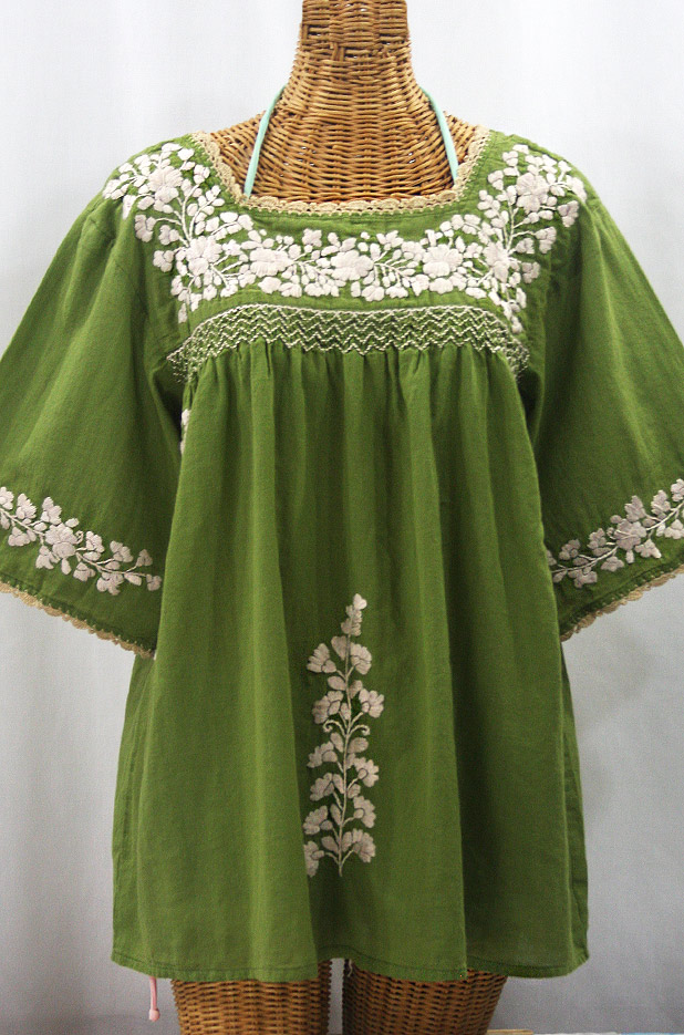 "La Marina" Embroidered Mexican Style Peasant Top - Fern Green + Cream