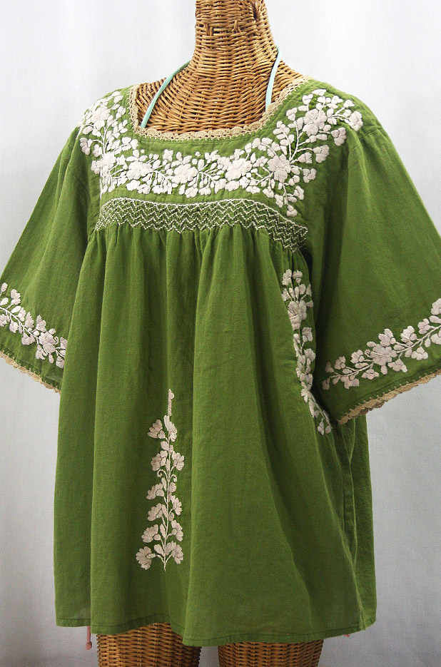 "La Marina" Embroidered Mexican Style Peasant Top - Fern Green + Cream