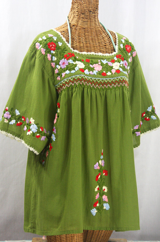 "La Marina" Embroidered Mexican Peasant Blouse -Fern Green + Multi + Ivory Trim