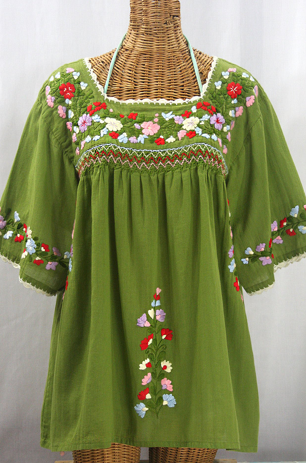 "La Marina" Embroidered Mexican Peasant Blouse -Fern Green + Multi + Ivory Trim