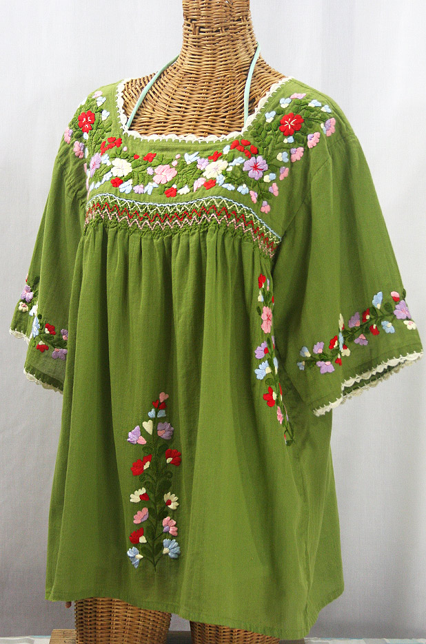 "La Marina" Embroidered Mexican Peasant Blouse -Fern Green + Multi + Ivory Trim