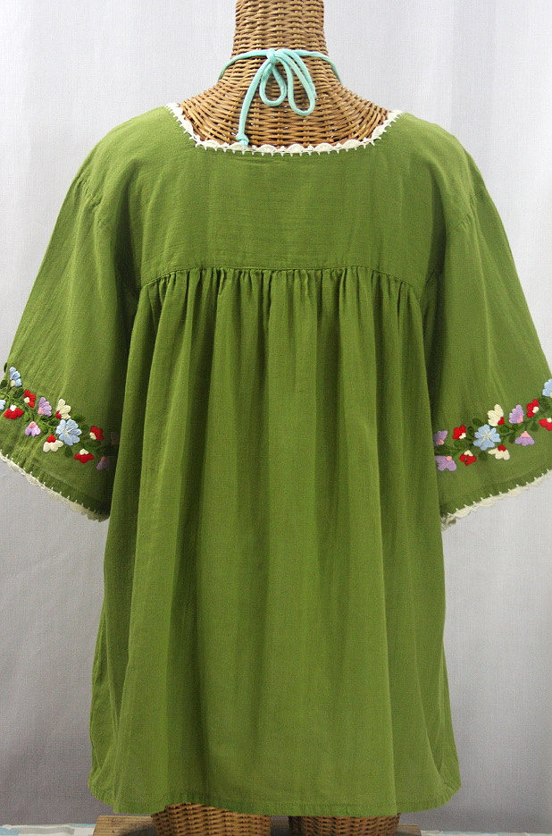 "La Marina" Embroidered Mexican Peasant Blouse -Fern Green + Multi + Ivory Trim