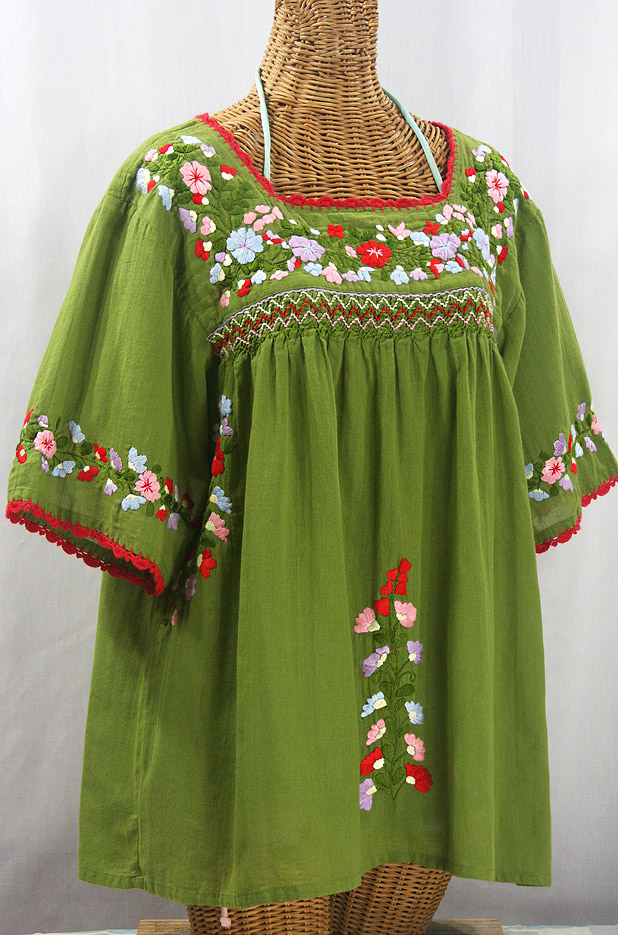 "La Marina" Embroidered Mexican Peasant Blouse -Fern Green + Multi + Red Trim