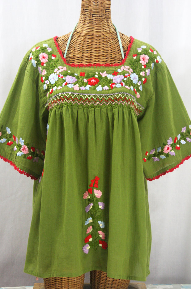 "La Marina" Embroidered Mexican Peasant Blouse -Fern Green + Multi + Red Trim