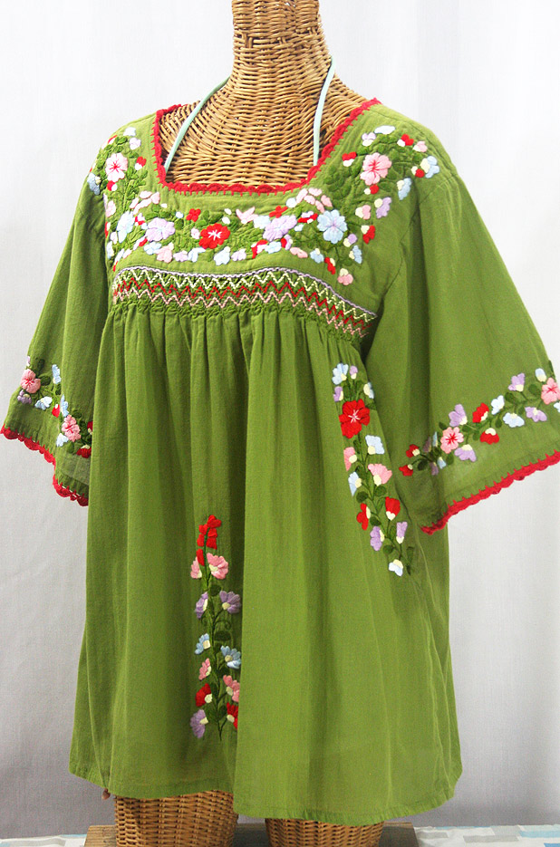 "La Marina" Embroidered Mexican Peasant Blouse -Fern Green + Multi + Red Trim