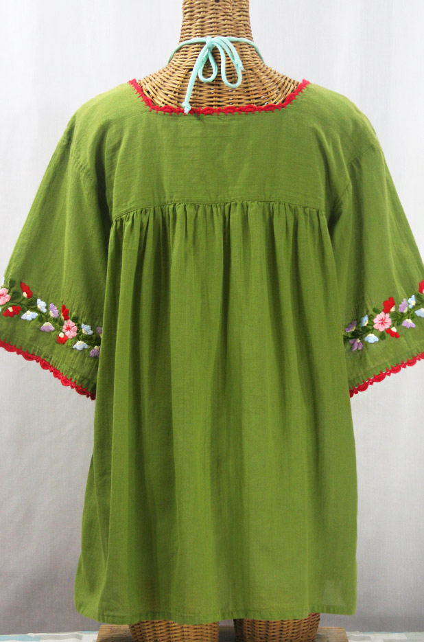 "La Marina" Embroidered Mexican Peasant Blouse -Fern Green + Multi + Red Trim