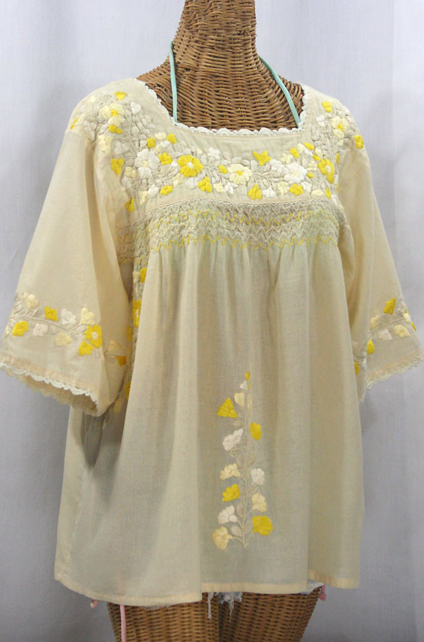 "La Marina" Embroidered Mexican Peasant Blouse - Pale Yellow + Yellow Mix Embroidery