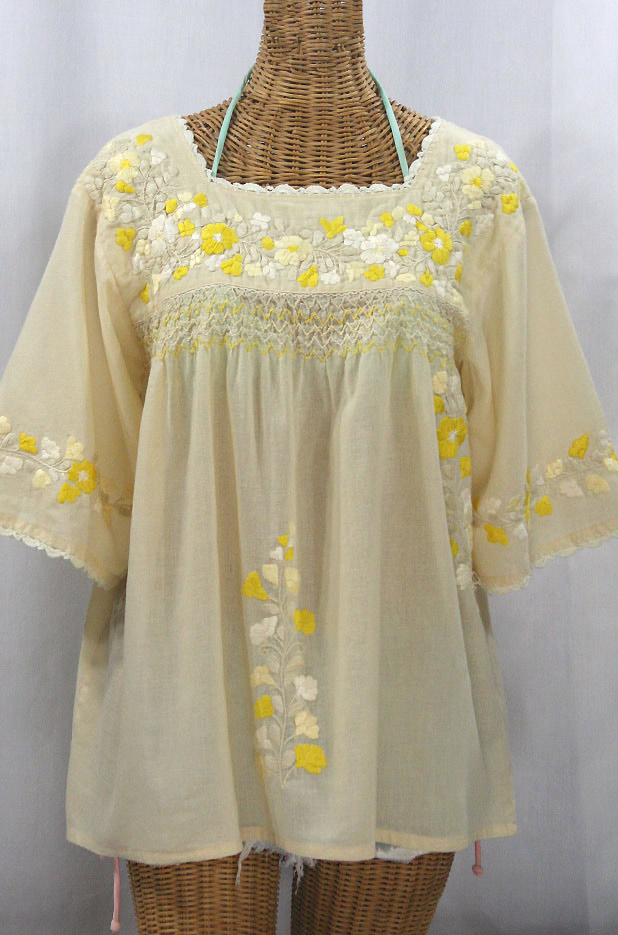 "La Marina" Embroidered Mexican Peasant Blouse - Pale Yellow + Yellow Mix Embroidery