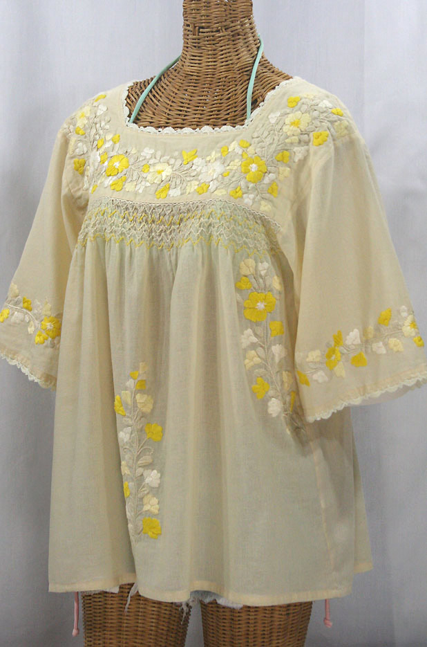 "La Marina" Embroidered Mexican Peasant Blouse - Pale Yellow + Yellow Mix Embroidery