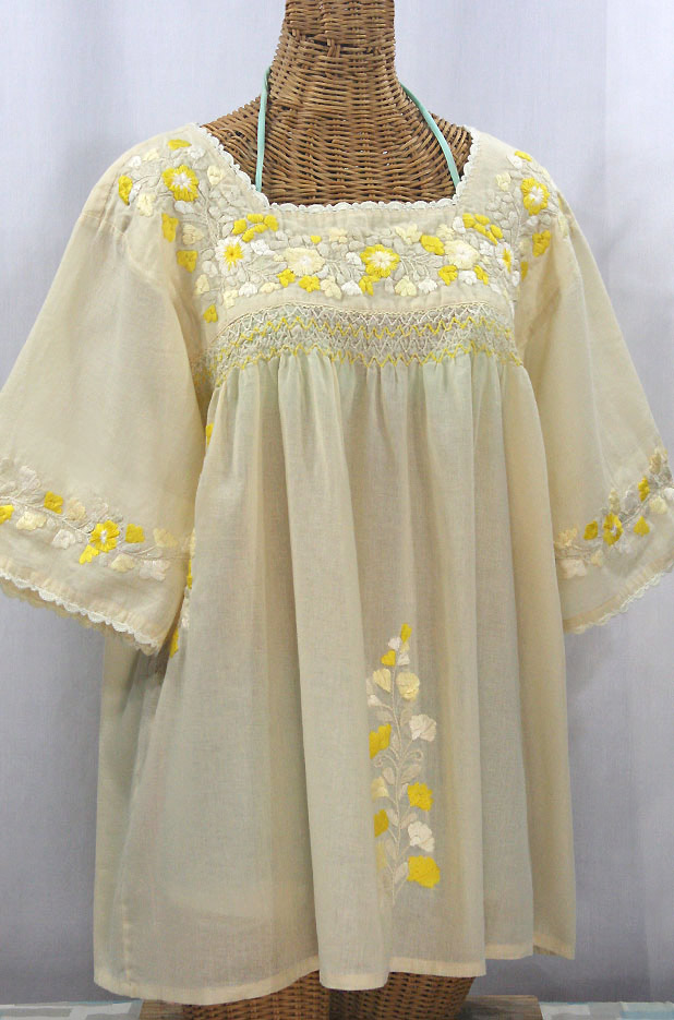 "La Marina" Embroidered Mexican Peasant Blouse - Pale Yellow + Yellow Mix Embroidery