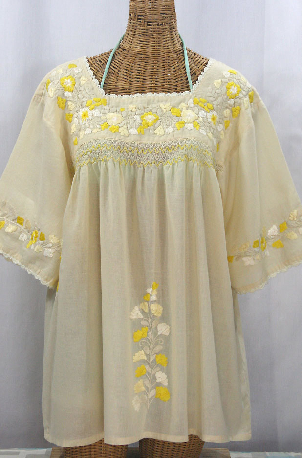 "La Marina" Embroidered Mexican Peasant Blouse - Pale Yellow + Yellow Mix Embroidery
