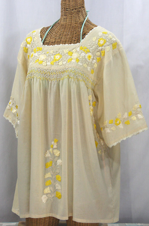 "La Marina" Embroidered Mexican Peasant Blouse - Pale Yellow + Yellow Mix Embroidery