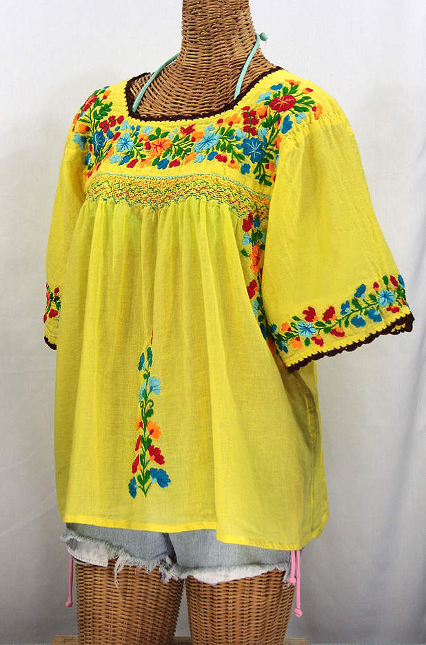 "La Marina" Embroidered Mexican Blouse -Yellow + Brown Trim + Fiesta