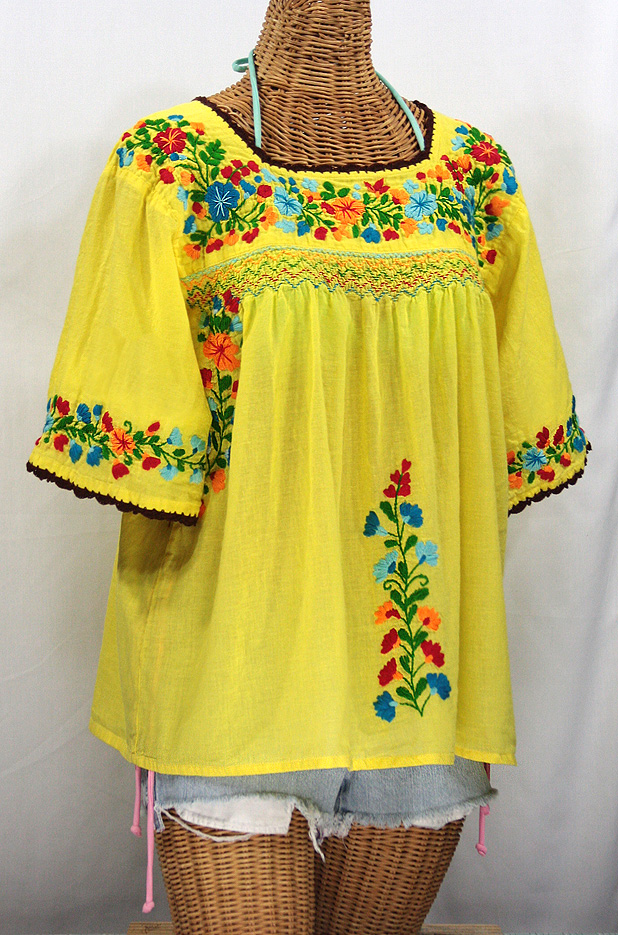 "La Marina" Embroidered Mexican Blouse Yellow + Brown Trim + Fiesta