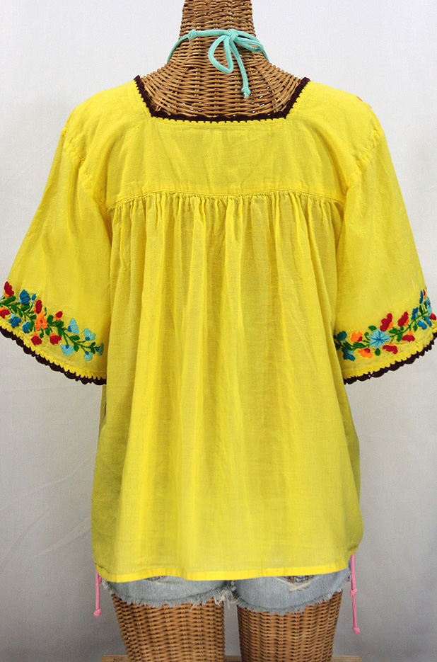 "La Marina" Embroidered Mexican Blouse -Yellow + Brown Trim + Fiesta