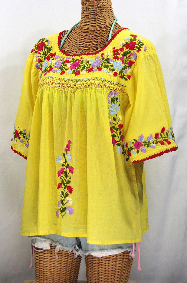 "La Marina" Embroidered Mexican Peasant Blouse -Yellow + Multi Embroidery