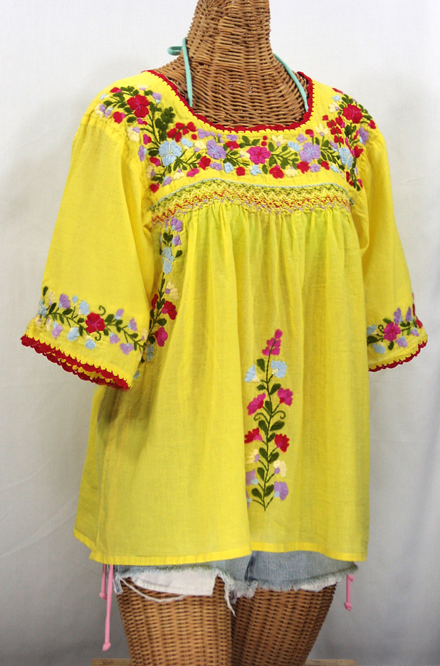 "La Marina" Embroidered Mexican Peasant Blouse -Yellow + Multi Embroidery