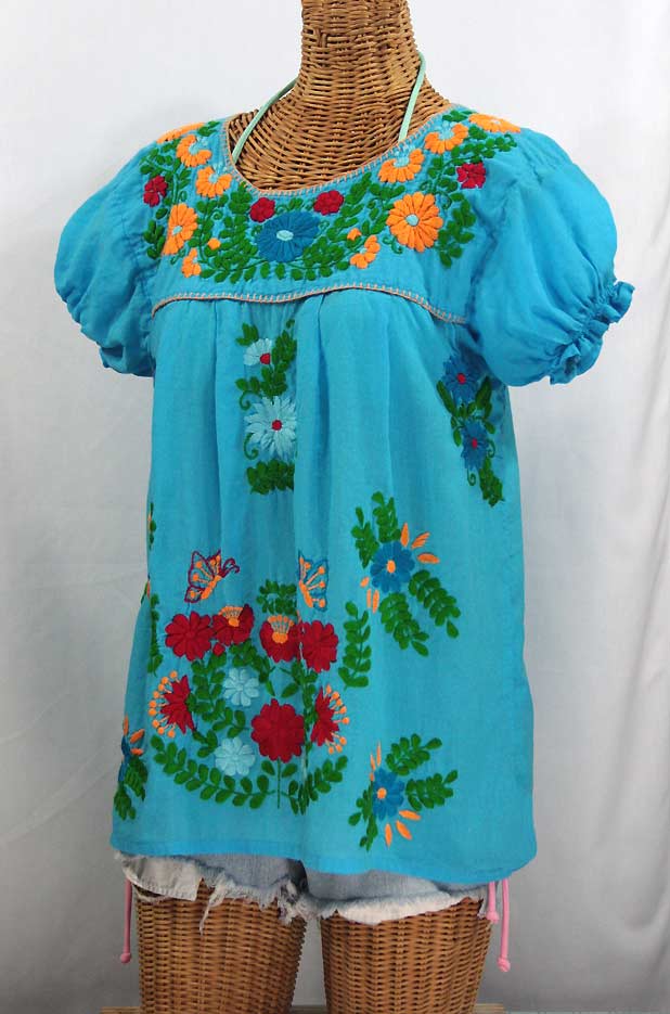 "La Mariposa Corta de Color" Embroidered Mexican Peasant Blouse - Aqua + Fiesta