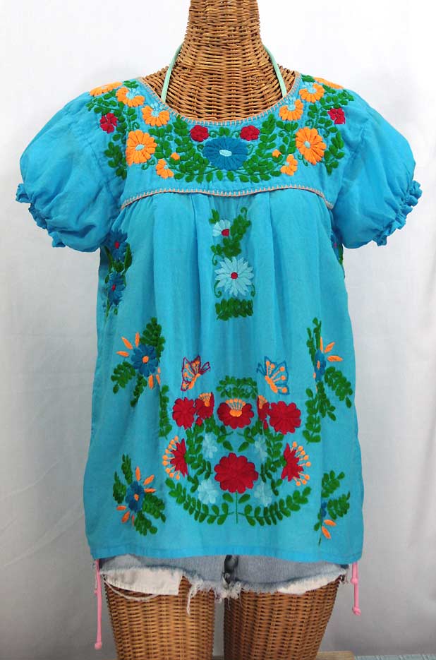 "La Mariposa Corta de Color" Embroidered Mexican Peasant Blouse - Aqua + Fiesta