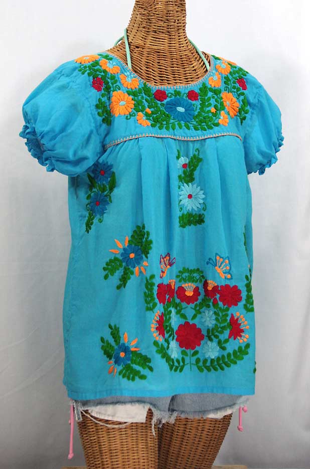 "La Mariposa Corta de Color" Embroidered Mexican Peasant Blouse - Aqua + Fiesta