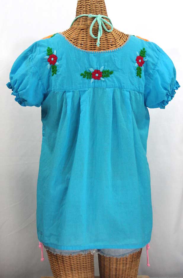 "La Mariposa Corta de Color" Embroidered Mexican Peasant Blouse - Aqua + Fiesta