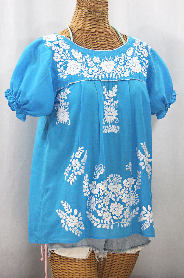"La Mariposa Corta" Embroidered Mexican Style Peasant Top - Turquoise