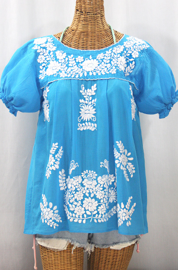 "La Mariposa Corta" Embroidered Mexican Style Peasant Top - Turquoise