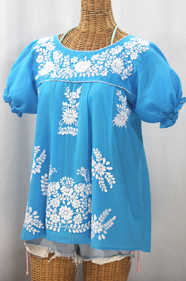 "La Mariposa Corta" Embroidered Mexican Style Peasant Top - Turquoise