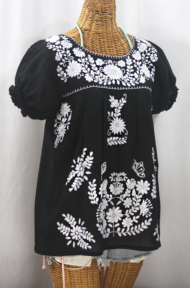 "La Mariposa Corta" Embroidered Mexican Style Peasant Top - Black