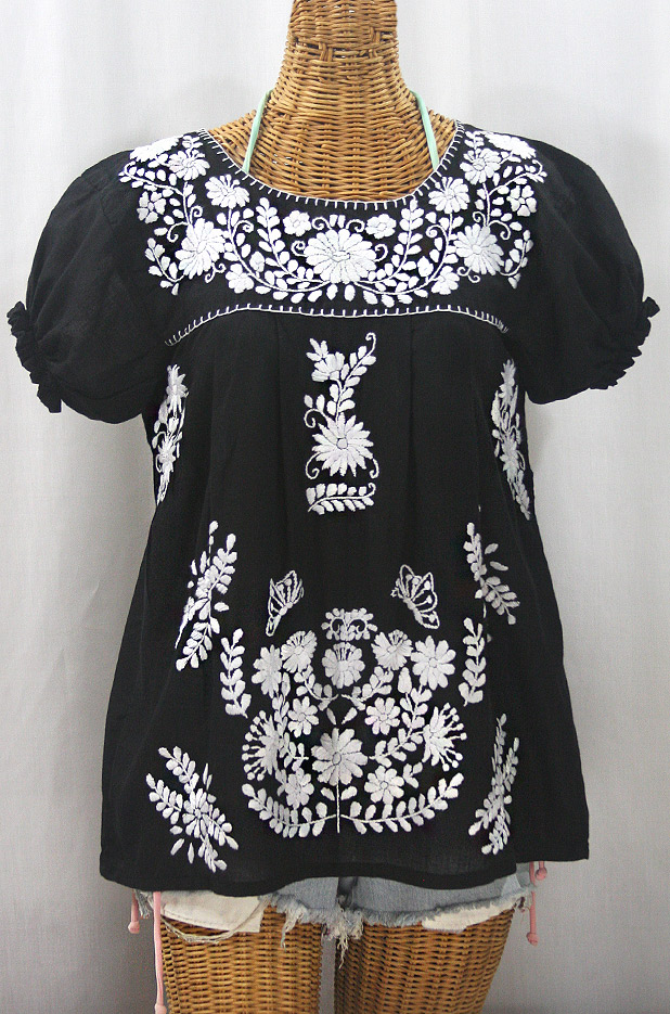 "La Mariposa Corta" Embroidered Mexican Style Peasant Top - Black