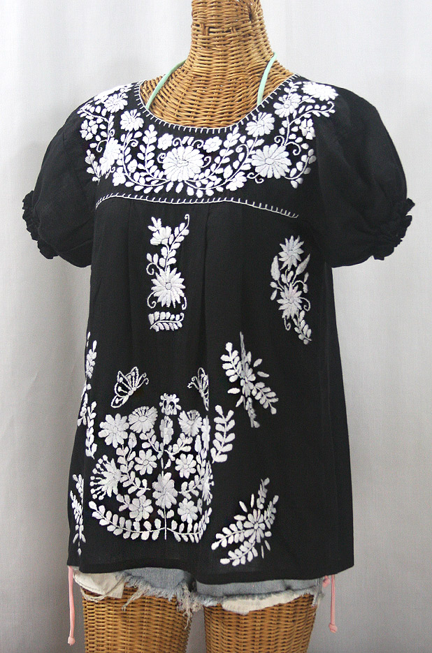 "La Mariposa Corta" Embroidered Mexican Style Peasant Top - Black