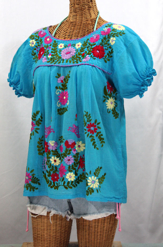 "La Mariposa Corta de Color" Embroidered Mexican Peasant Blouse - Aqua