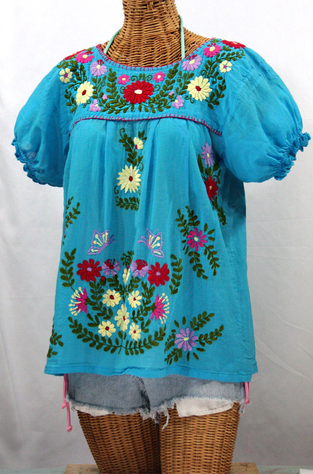 "La Mariposa Corta de Color" Embroidered Mexican Peasant Blouse - Aqua