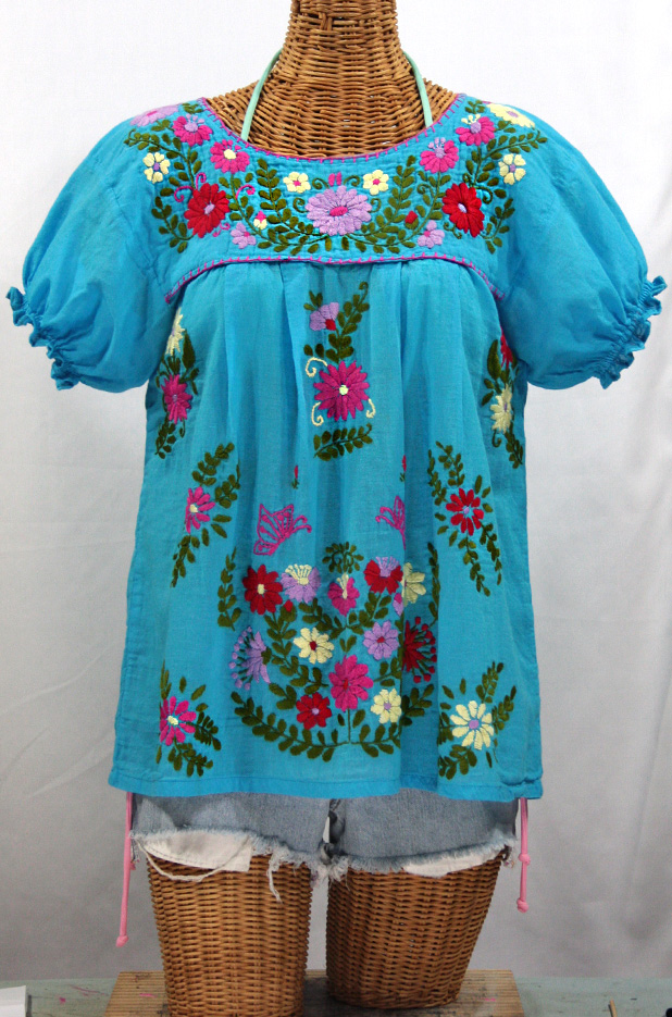 "La Mariposa Corta de Color" Embroidered Mexican Peasant Blouse - Aqua