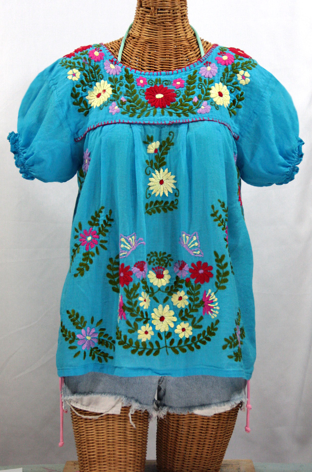 "La Mariposa Corta de Color" Embroidered Mexican Peasant Blouse - Aqua