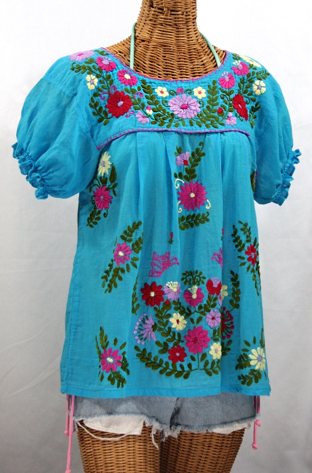 "La Mariposa Corta de Color" Embroidered Mexican Peasant Blouse - Aqua