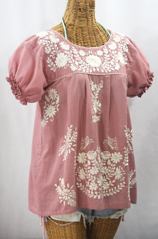 "La Mariposa Corta de Color" Embroidered Mexican Blouse - Dusty Light Pink + Cream